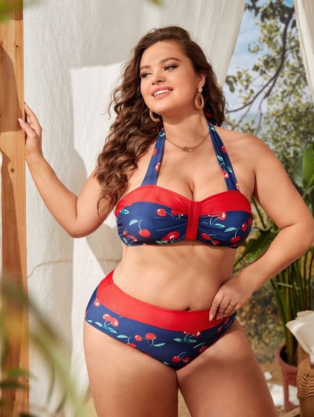 

plus cherry print halter bikini swimsuit l6f7#, Black