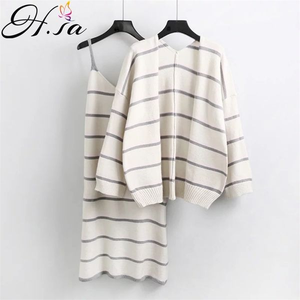 

hsa autumn fashion female 2 pcs sweater and dress casual striped jumpers cardigans with pull roupas feminina 210430, White