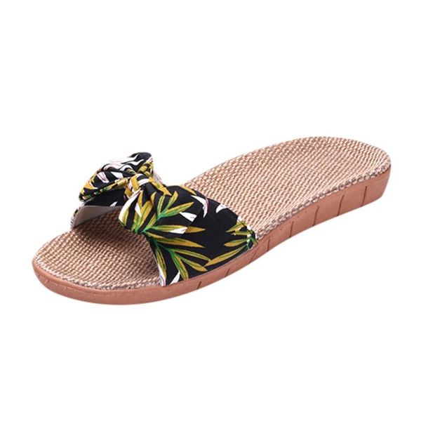 

slippers sagace slipper indoor outdoor 2021 linen women female bohemia bowknot flax flat for, Black