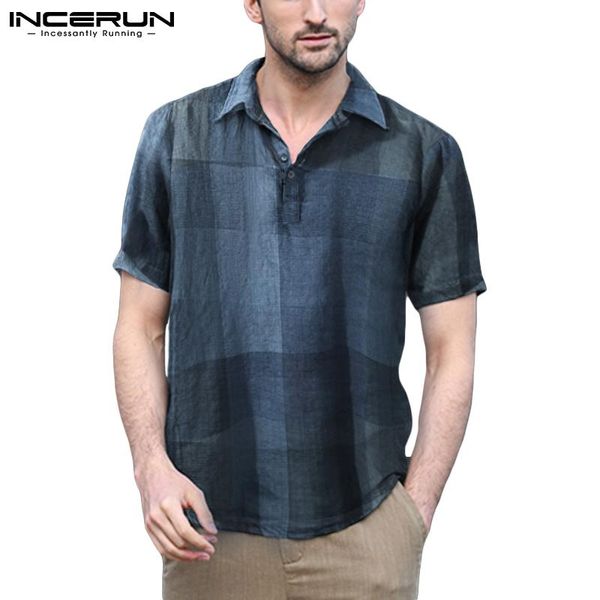 

men's casual shirts incerun summer men cotton shirt plaid turn down collar short sleeve vintage camisa masculina 2021 leisure clothing, White;black