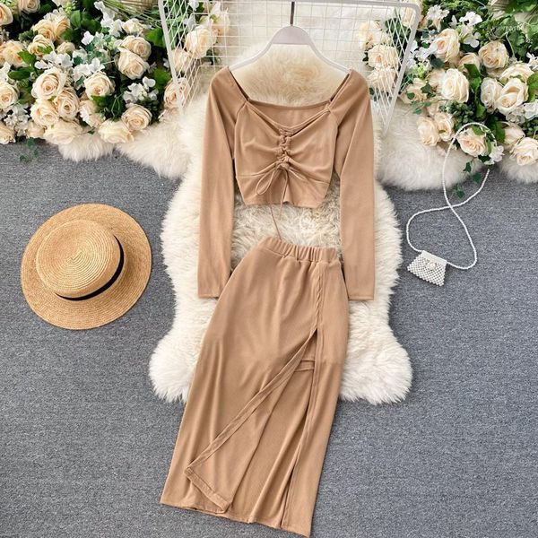 

autumn red/grey two piece set women v-neck drawstring short shirt and high waist split skirt female 2pcs suit fashion 20211, Gray