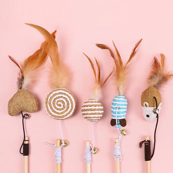 

cat toys 5pcs 40cm pet interactive scratcher feather linen wand catcher teaser stick mini bell wood rod mouse toy