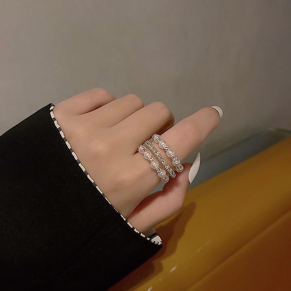 

light luxury fashion multi row opening pearl diamond court style elegant versatile index finger ring, Silver