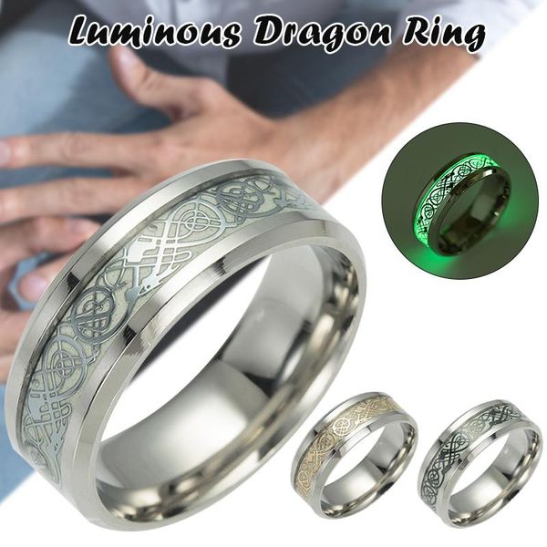 

men fluorescent rings black carved design chinese dragons inlay titanium steel comfort fit tc21 wedding, Slivery;golden