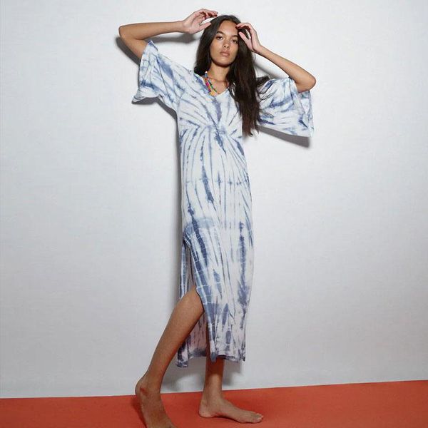 

women's swimwear 2021 boho tie-dye gedruckt frauen strand kleid badeanzug cover up sommer tunika fÃ¼r frau bademode robe de plage kaftan, White;black