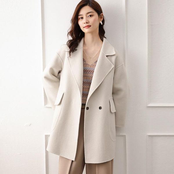 

women's wool & blends 100% coat hand stitched winter women warm outerwear ladies thicken trench coats elegant office wear jacket, Black