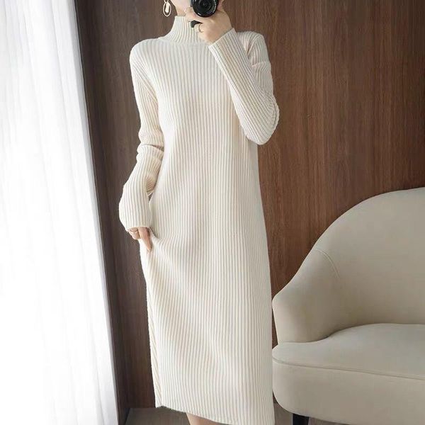 

casual dresses turtleneck solid long sleeve women knit dress 2021 spring mid-waist split knitted feminine vestidos elastic pullover, Black;gray