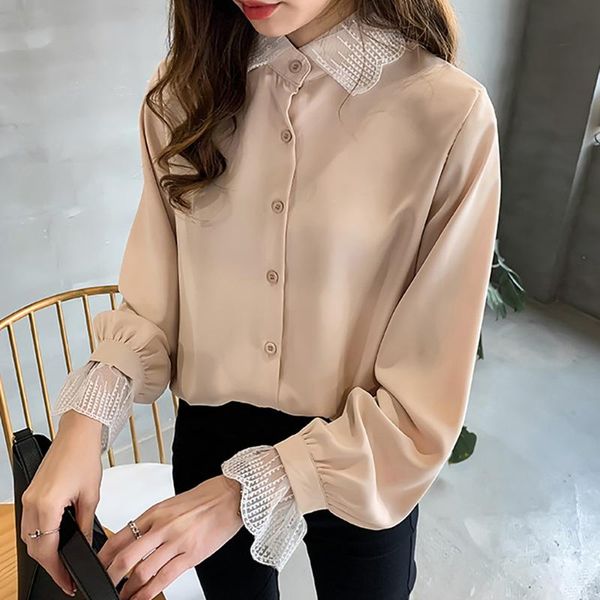 

women's blouses & shirts blouse women korean style lace splicing loose chiffon womens and streetwear shirt camisas mujer 2021, White