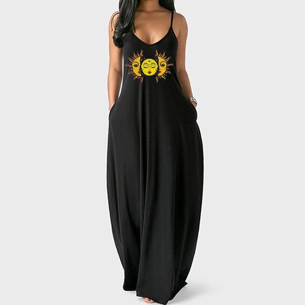 

plus size dresses sun and moon maxi dress s-5xl loose pocket long fashion beach style sleeveless temperamental sundress a20, Black