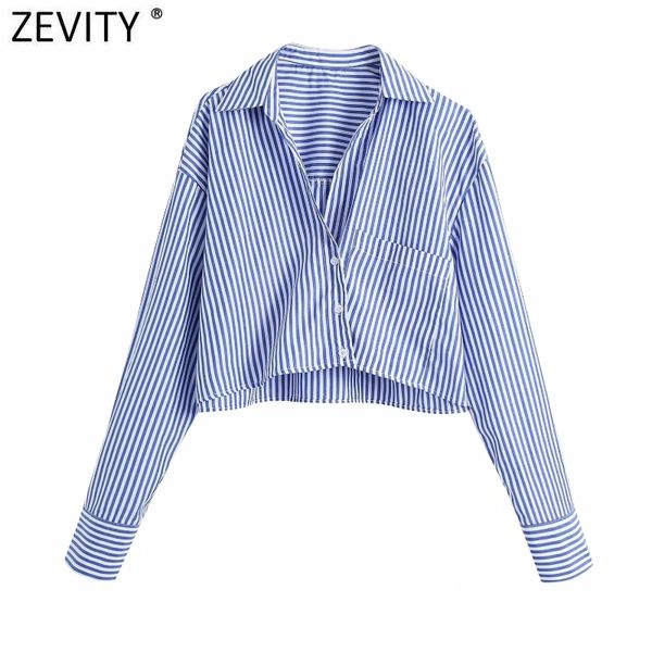 

zevity women vintage turn down collar striped print short smock blouse office lady long sleeve shirts chic loose ls9005 210419, White