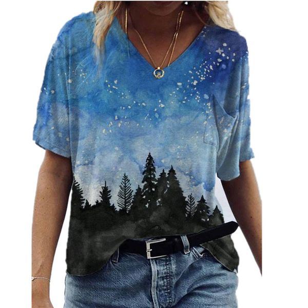 

oversize women t shirt summer casual landscape print streetwear v-neck short sleeve pockets loose tee plus size ladies tees 210423, White
