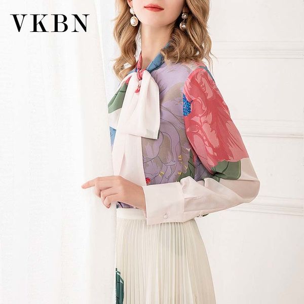 VKBN Primavera e Verão Mulberry Blusa de Seda Mulheres Impressão Bow Collar Manga Longa Tops e Blusas 210507