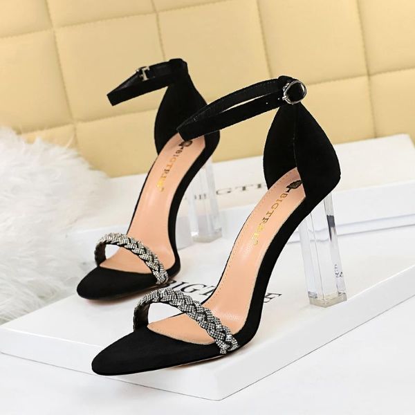 

sandals bigtree shoes women heels summer super high 9.5cm flock ankle strip crystal open toe clear heel female, Black