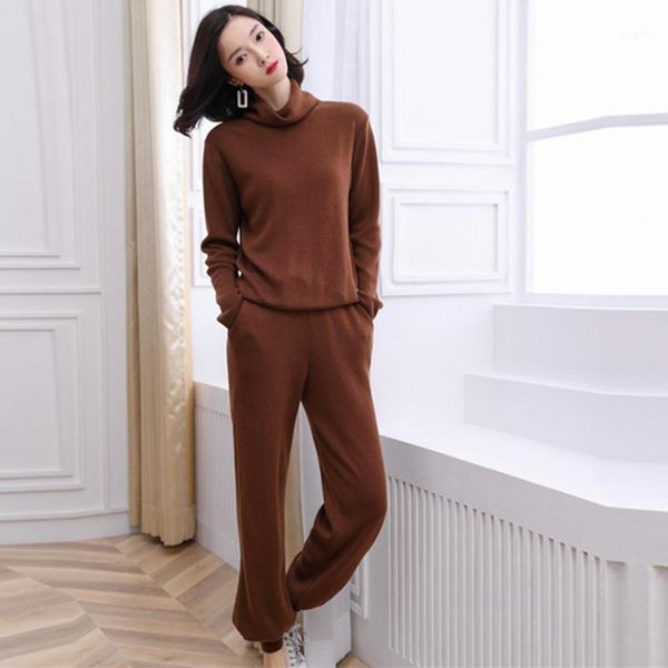 

two piece dress spring autumn knitted tracksuit turtleneck sweater women set clothes 2 pieces knit elegant pullover pants track suit fem, White