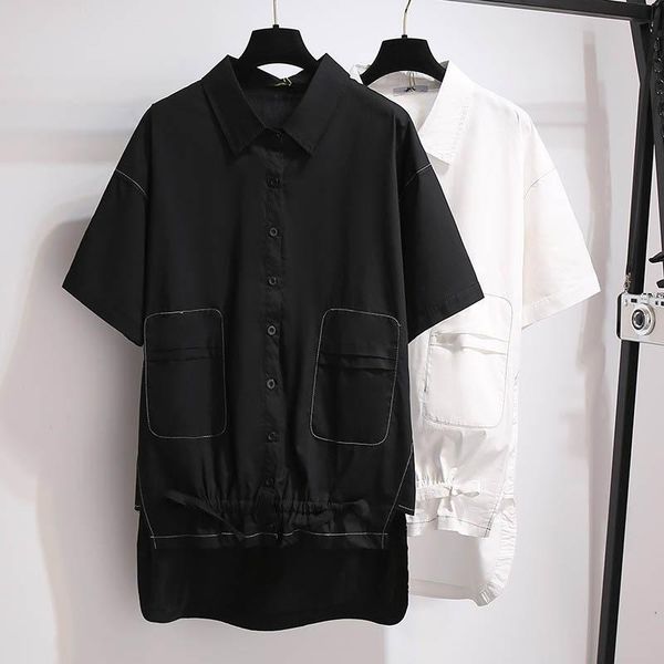 

women's blouses & shirts 150kg plus size summer loose pocket open line shirt bust 160cm 6xl 7xl 8xl 9xl 10xl short sleeve lapel black w, White