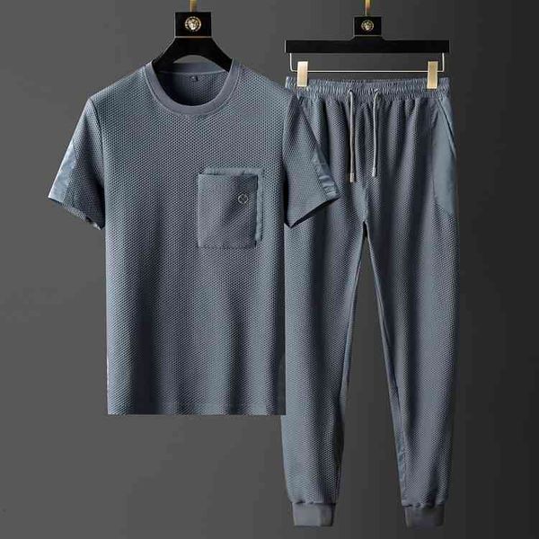

tracksuit shirt summer mens sets (t-shirt+pants) luxury mesh fabric casual sport short sleeve man set fashion slim fit male tracksuit, Gray
