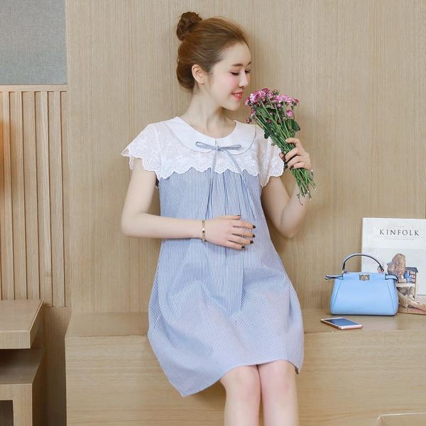 

maternity dresses fashion summer big size blue lace o neck casual cotton dress clothes for pregnant women, White