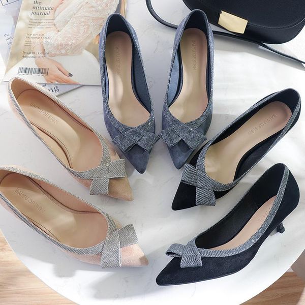 

dress shoes autumn 2021 woman slip ons small cat thin high heels pumps solid flock bowtie butterfly-knot women wedding pump, Black