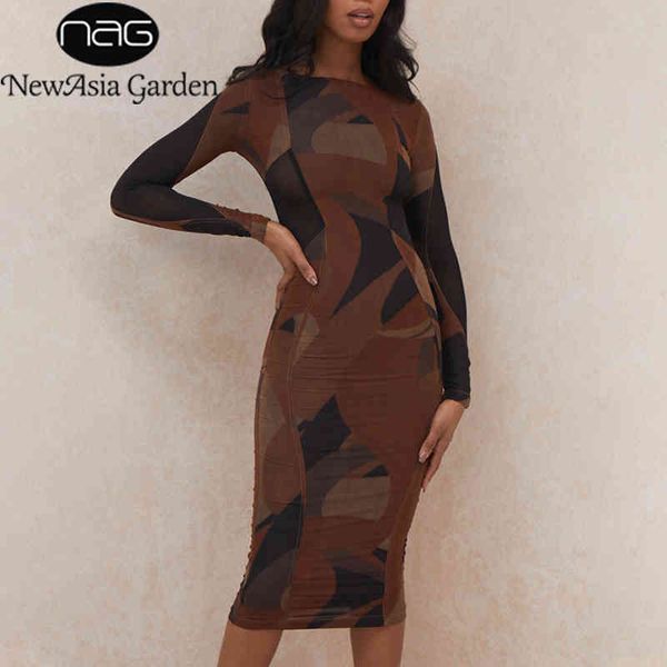 

newasia long sleeve dress woman print patchwork crewneck elegant bodycon midi dress ladies summer party club robe new 210413, Black;gray