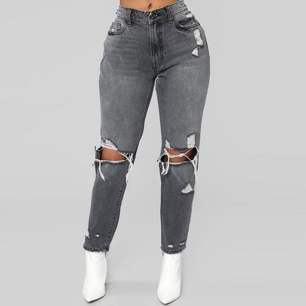 

women's jeans dark gray casual ripped women summer 2021 elastic denim pants spring ladies streetwear hipster slim plus size trousers, Blue
