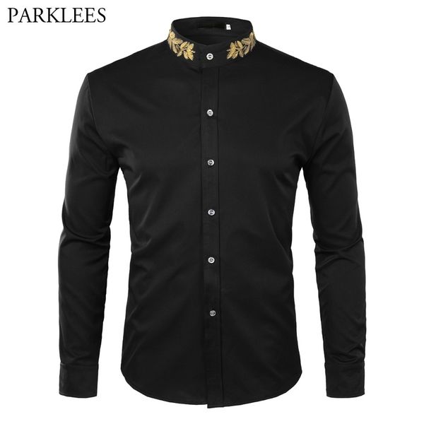 

fashion embroidery shirt men autumn new mandarin collar long sleeve dress shirt mens slim fit wedding tuxedo shirts male 210331, White;black