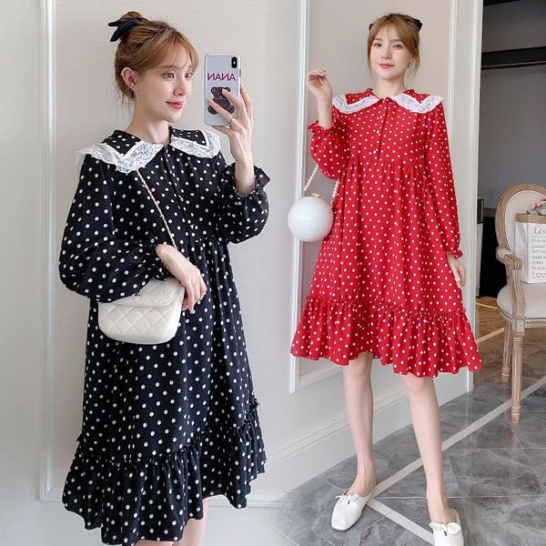 

maternity dresses 2021# dress spring autumn turn down collar dot printing chiffon fashion long sleeves for pregnant women, White