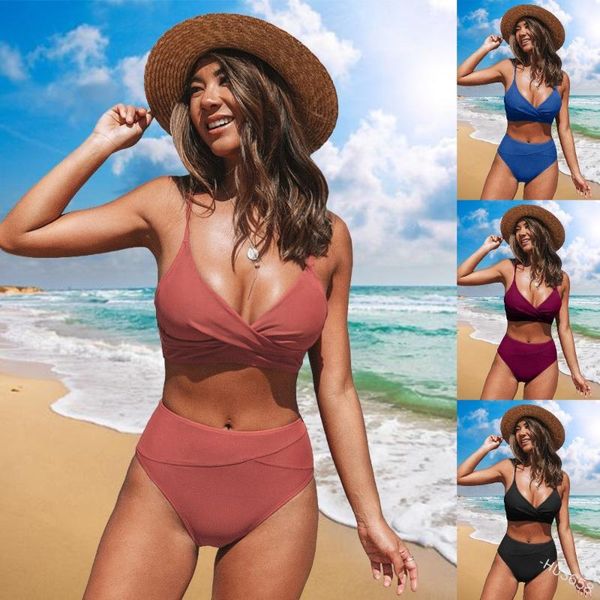 

women's swimwear women swimsuit split solid color chest crossover pleated bra slim mid-waist stitching briefs beach summer sexy, White;black