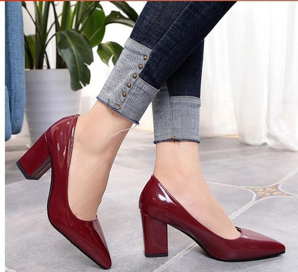

dress shoes women pumps black high heels 7.5cm lady patent leather thick with autumn pointed single female sandals big 33-43