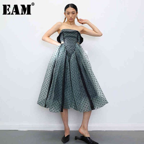 

[eam] women green hollow out dot mesh temperament strapless dress sleeveless loose fit fashion spring summer 1t918 210512, Black;gray