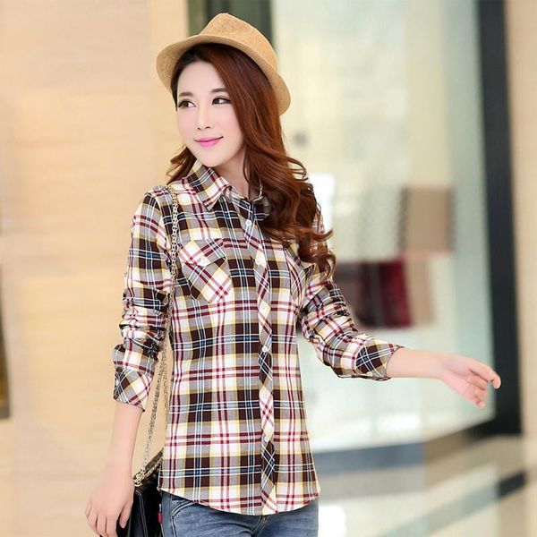 

women's blouses & shirts women autumn spring plaid blouse long sleeve classic pure cotton shirt casual female flannel plus size, White