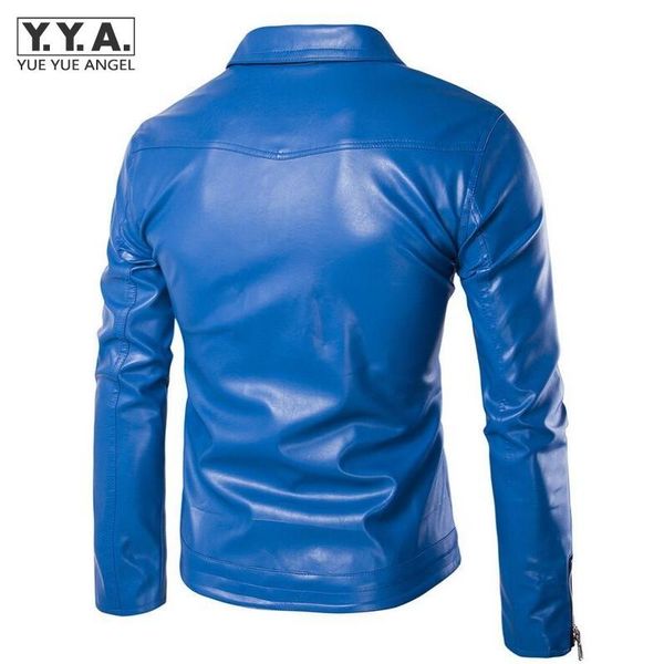 

men's fur & faux men long sleeve lapel biker homme coats blue black pu leather jacket rock style stage clothing