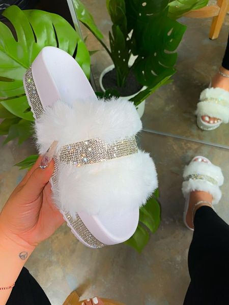 

fur slides women home summer pink shoes fashion bling flip flops platform soft bottom slippers mixed colors, Black