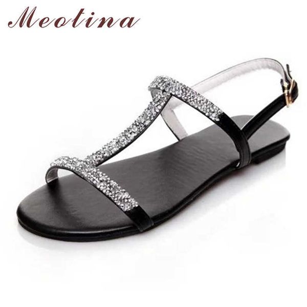 

meotina women sandals t-strap flat shoes female round toe buckle flats lady footwear summer sandals black big size 210608