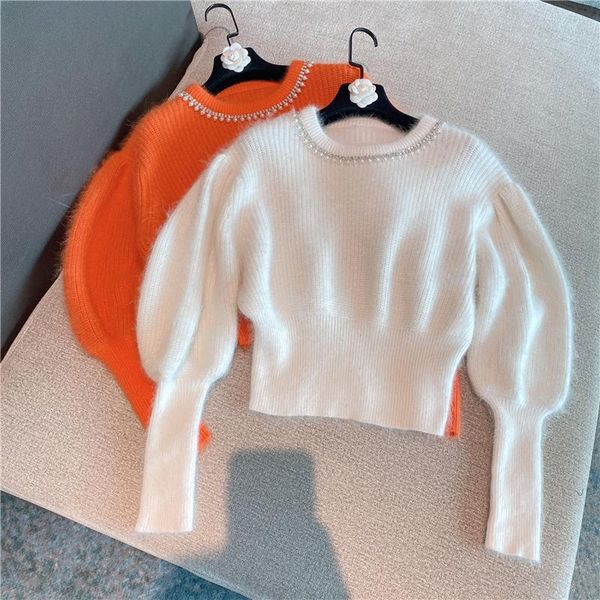 

women's sweaters 2021 all-match pearl collar puff sleeve mohair sweater women 1105, White;black