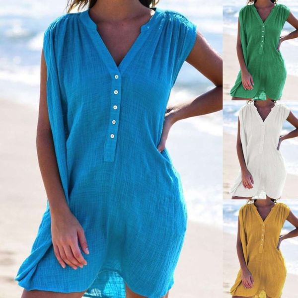 

casual dresses summer women's solid color fashion v-neck button svels drs, Black;gray