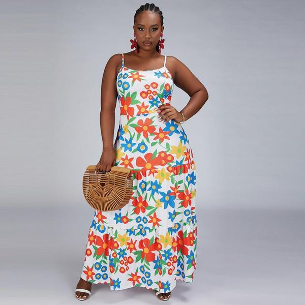 

casual dresses xl-5xl floral printed summer plus size dress spaghetti strap sleeveless floor length vintage high waist backless vestidos, Black;gray