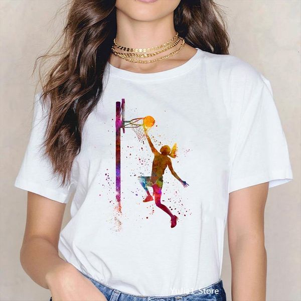

summer watercolor basketball girl womens art print tee femme 90s sports camisatas mujer tees harajuku kawaii shirts, White