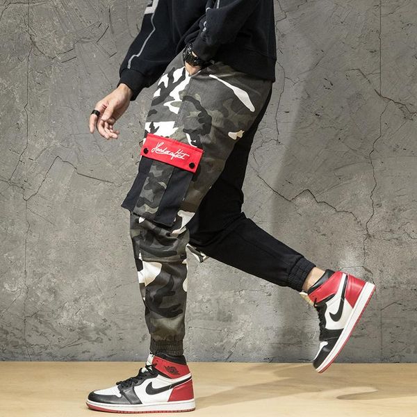 

fashion streetwear men jeans loose fit spliced designer cargo pants camouflage big pocket slack bottom hip hop joggers men's, Blue