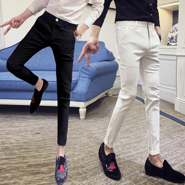 

men's suits & blazers autumn men ankle length pants slim formal office trousers man boutique fashion solid color business male suit pan, White;black