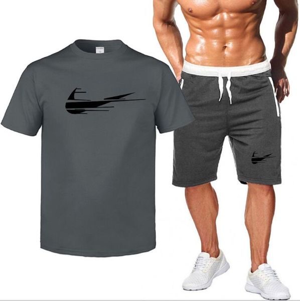 

short trousers men's brand two-piece track and field tracksuits sportswear casual 100% cotton t-shirt fitness sports suit plus size s-2, Gray
