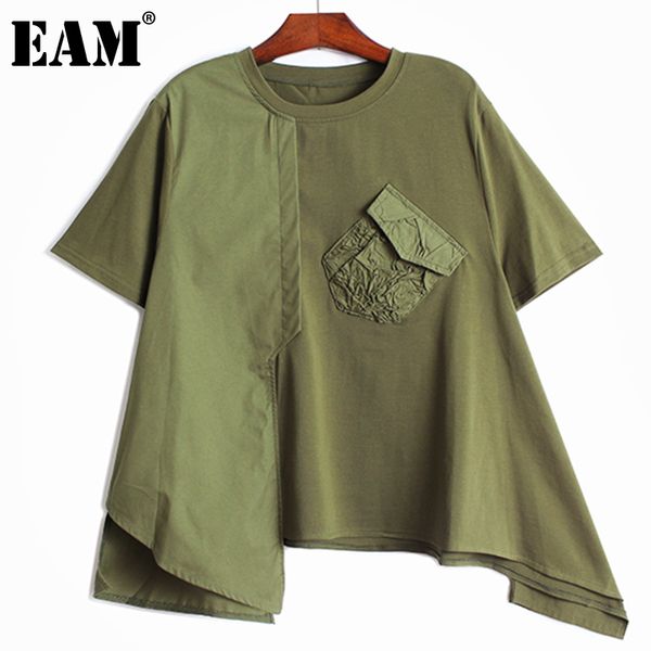 

[eam] women black big size irregular pocket ruched pockets t-shirt loose round neck short sleeve fashion summer 1dd6782 21512, White