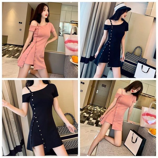 

casual dresses summer strapless irregular slim t-shirt dress solid color rivet mini1, Black;gray