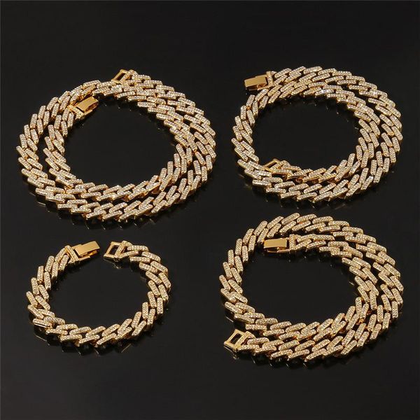 

chokers gold hip hop miami curb cuban chain iced out rhinestones necklace & bracelet chaine homme rapper jewelry for men wholesale, Golden;silver