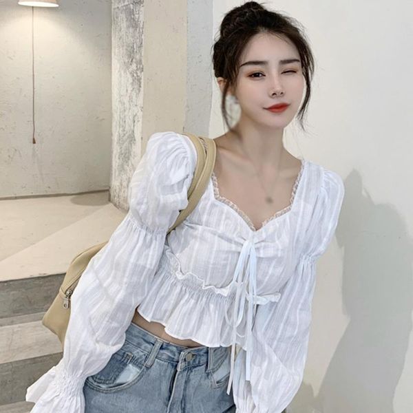 

women's blouses & shirts women square collar short sweet expose navel long sleeve shirt lantern solid color, White