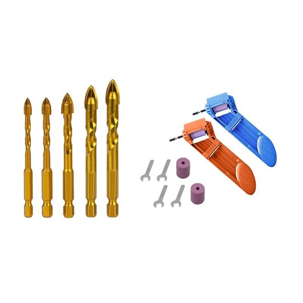 

professional hand tool sets 5 pcs(5/6/8/10/12mm)tile drill bit tungsten carbide tip & 1 set corundum grinding wheel 2-12.5mm sharpener