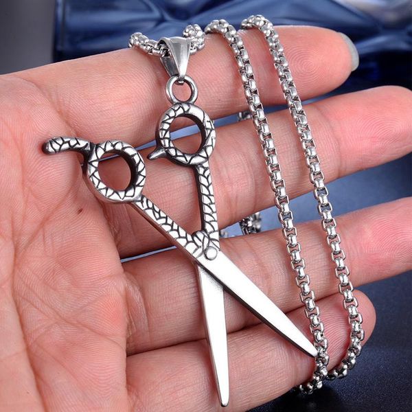 

haircut scissors pendant necklace for men and women punk stainless steel long chain necklaces fashion hip hop charms jewelry, Silver