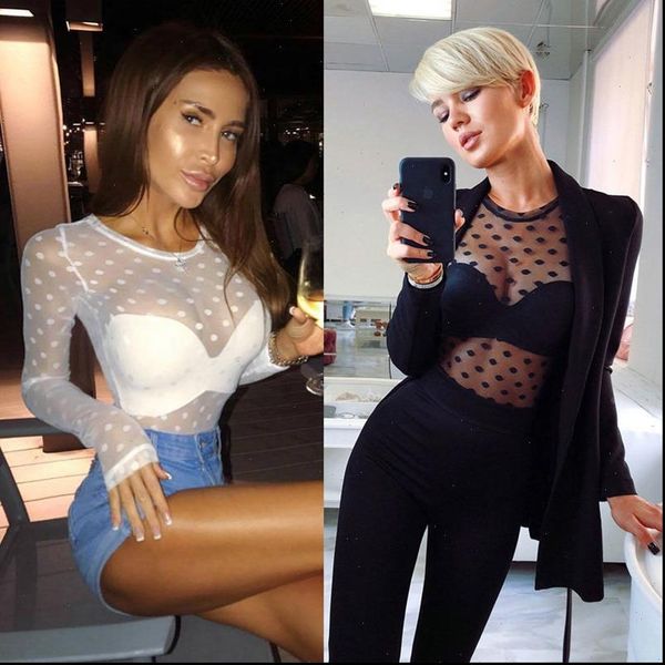 

long sleeve mesh womens blouses polka dot casual sheer tank, White
