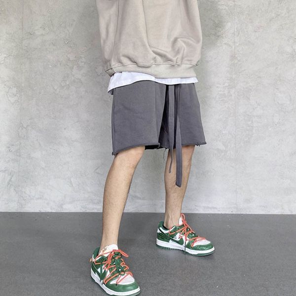 

ribbons pockets shorts mens elastic waist solid washed casual track shorts high street oversize knee length pants, Black