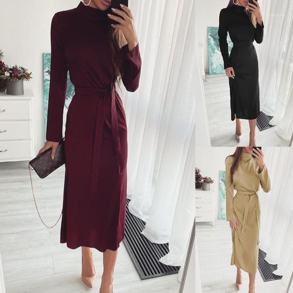 

casual dresses elegant dress french retro high collar long sleeve tight waist solid color autumn and winter simplicity commuter, Black;gray