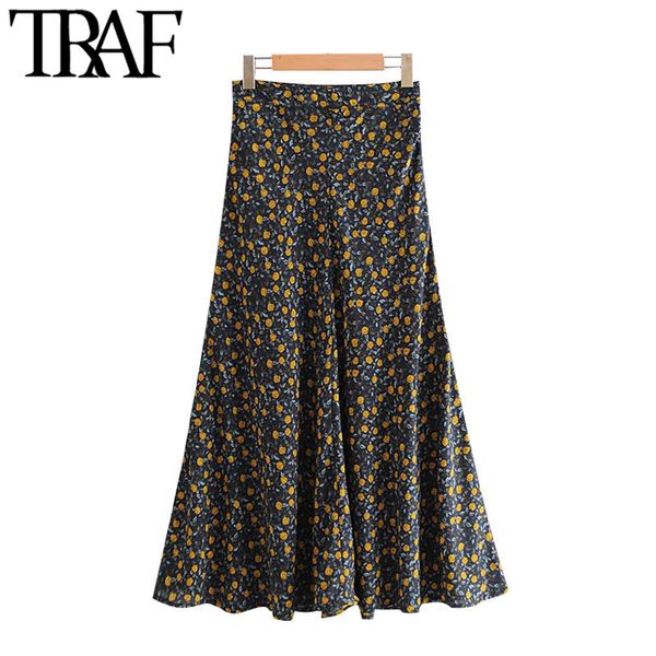 

traf women fashion floral print pleated midi skirt vintage high waist side zipper female skirts mujer 210415, Black